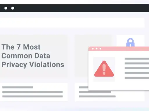 Schermata con avviso di sicurezza e testo "The 7 Most Common Data Privacy Violations", che illustra esempi di violazione della privacy.