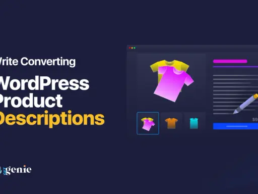 Descrizione prodotto: T-shirt colorate in un'interfaccia web, con testo che suggerisce come scrivere descrizioni di prodotto efficaci per WordPress.