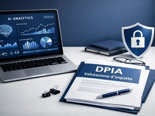 Scrivania con laptop che mostra analisi AI, documenti DPIA e uno scudo con lucchetto, simboli di privacy e valutazione d'impatto.