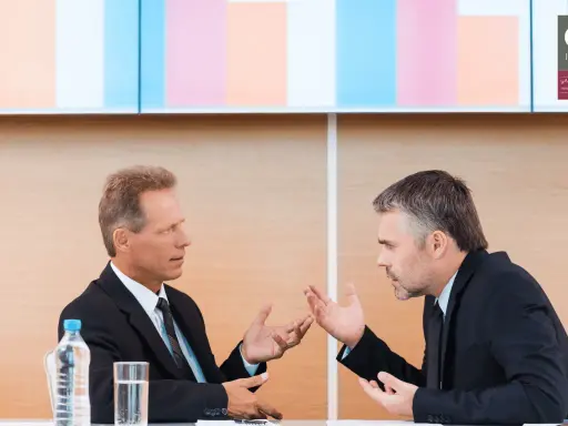 Due uomini d'affari discutono animatamente, mostrando come un business controller analizza dati e strategie per il successo aziendale.