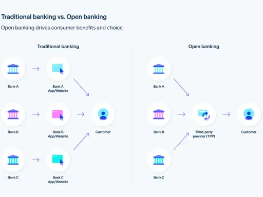 Confronto tra banche tradizionali e open banking: l'open banking offre più scelta e benefici ai clienti, con un provider terzo che gestisce le interazioni.