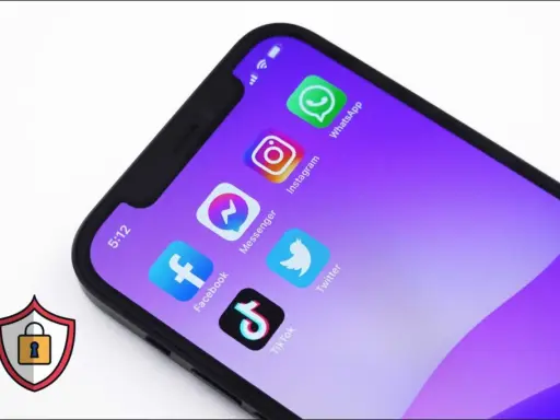 Schermo di uno smartphone con icone di app social. Un simbolo di scudo con lucchetto suggerisce preoccupazioni sulla privacy e il tracciamento cross-site.