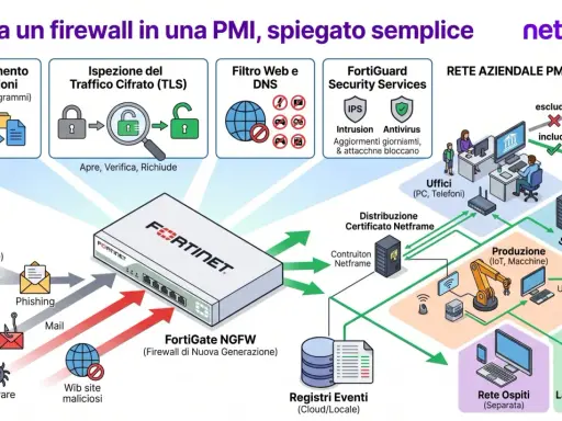 Un firewall protegge la rete aziendale da minacce come phishing e malware, analizzando il traffico e bloccando accessi non autorizzati.