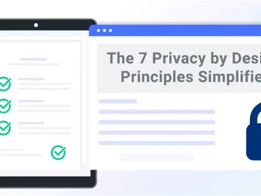 Schermata di un tablet con elenco spuntato e finestra web che illustra i principi di privacy by design, con un lucchetto.
