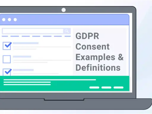 Schermata di un laptop che mostra "GDPR Consent Examples & Definitions". Il consenso dell'interessato al trattamento dei dati personali deve essere libero e informato.