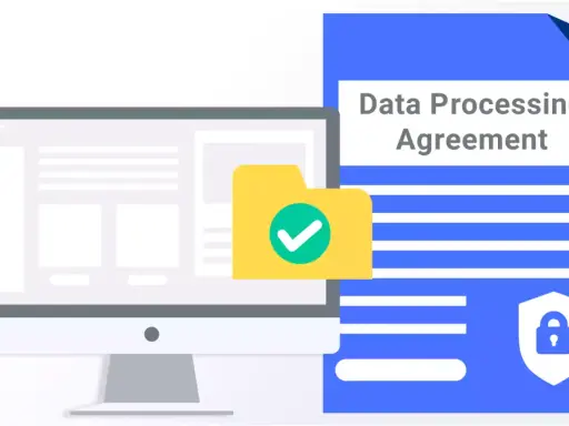 Accordo di elaborazione dati (DPA): un computer mostra un'icona di cartella con segno di spunta, accanto a un documento con lucchetto.