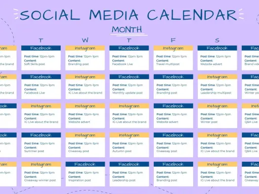 Calendario social con piano editoriale per ogni giorno e piattaforma (Facebook, Instagram).