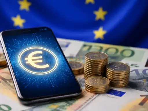 Smartphone con simbolo euro digitale, monete e banconote europee.