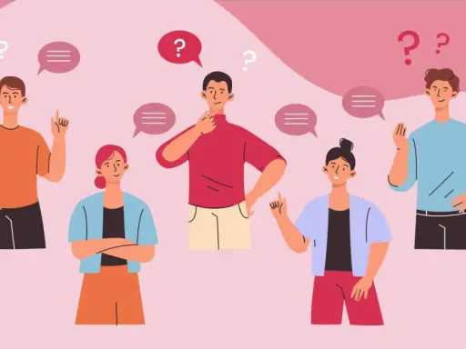 Persone pensierose con punti interrogativi e fumetti, un'illustrazione che evoca la ricerca di risposte e la **seo semantica**.