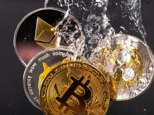 Monete di criptovalute, tra cui Bitcoin ed Ethereum, immerse nell'acqua. Un'immagine che evoca la volatilità e il potenziale delle criptovalute, come quelle che potresti considerare per il tuo 730.