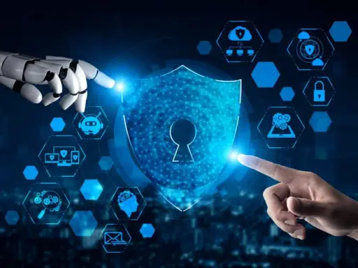 Mano robotica e umana interagiscono con uno scudo digitale, simbolo di privacy e sicurezza. Icone di rete e IA circondano il concetto.