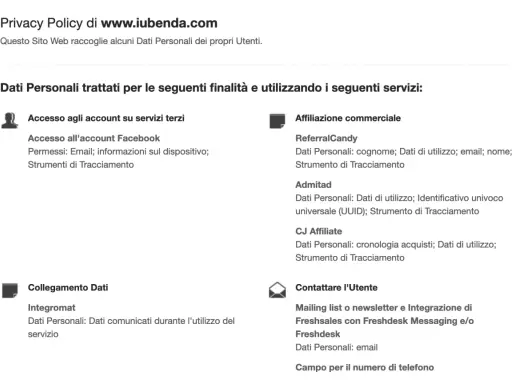 Informativa privacy: Dati personali trattati per accesso account terzi, affiliazione commerciale, collegamento dati e contatti utente.