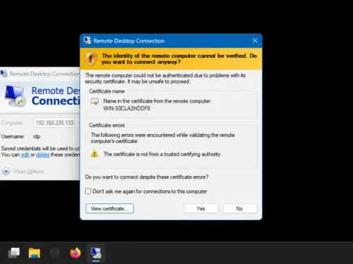 Finestra di dialogo "Connessione Desktop remoto" con avviso di certificato non attendibile per l'IP 192.168.226.133.