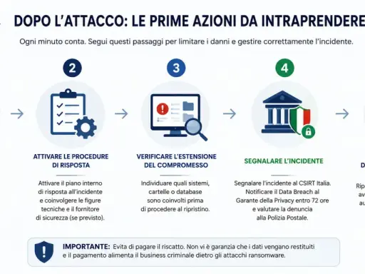Ecco cosa succede ad un PC colpito da ransomware: isola i sistemi, attiva le procedure, verifica l'estensione, segnala l'incidente e ripristina dai backup.