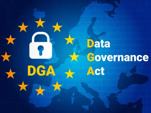 Simboli dell'UE e lucchetto su sfondo di codice binario. Testo: "Data Governance Act" (DGA).