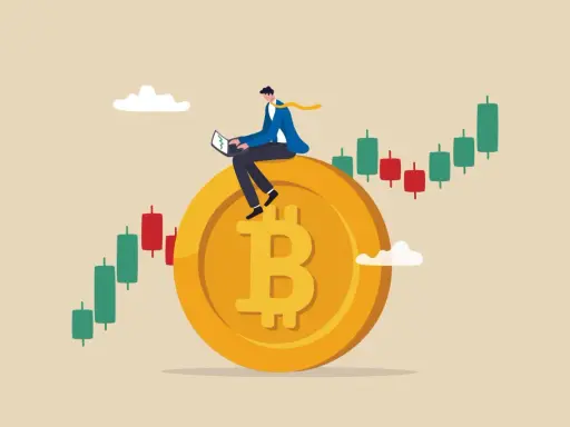 Uomo d'affari su una moneta Bitcoin, con grafici di criptovalute che indicano un valore di 5.000 euro.