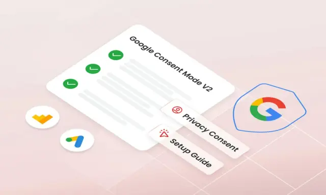 Google Consent Mode v2: un foglio con spunte verdi, icone di Google Ads e un logo Google protetto da uno scudo.