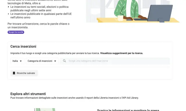 Interfaccia della Libreria inserzioni di Meta per cercare annunci pubblicitari.
