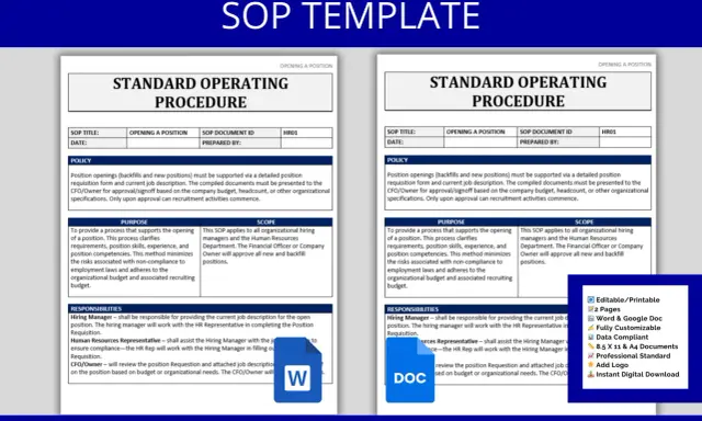 Modello di procedura operativa standard (SOP) per l'apertura di una posizione, con dettagli su policy, scopo e responsabilità.