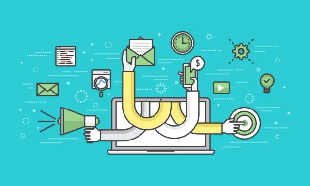 Mani che lavorano su un laptop, con icone di marketing, email, denaro e obiettivi. Strategie di successo per il b2b e b2c.