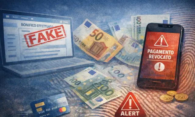 Laptop con "BONIFICO EFFETTUATO" e timbro "FAKE". Denaro, carta di credito e smartphone con "PAGAMENTO REVOCATO" indicano una truffa, un bonifico falso.