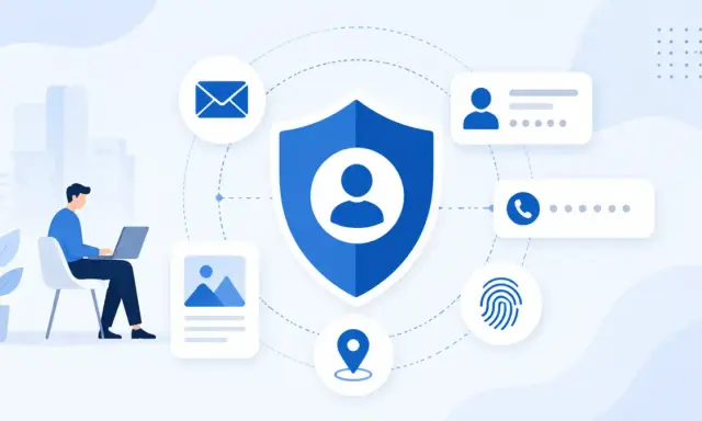Un uomo al computer protegge i suoi dati particolari: email, foto, posizione, impronta digitale, contatti e profilo.