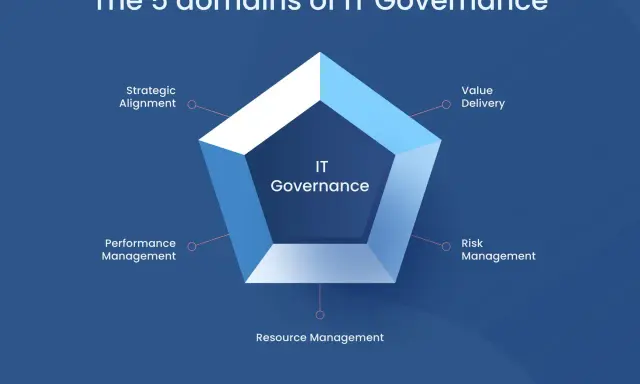 I 5 domini della governance IT: allineamento strategico, value delivery, risk management, resource management e performance management.
