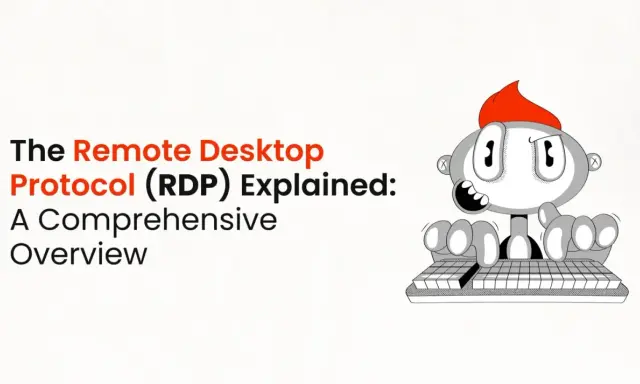 Il Protocollo Desktop Remoto (RDP) spiegato: una panoramica completa. Un personaggio animato digita su una tastiera, illustrando il significato di RDP.