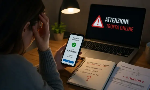 Disperazione dopo aver fatto un bonifico e scoperto che ho fatto una truffa online. Il telefono mostra "Bonifico effettuato", ma il laptop avverte "ATTENZIONE TRUFFA ONLINE".