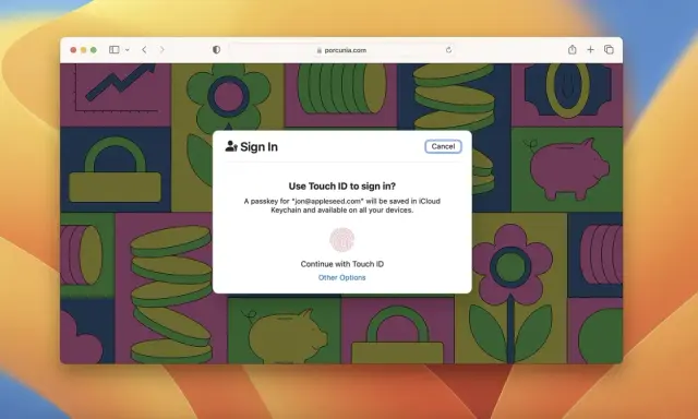 Finestra di accesso con Touch ID per un passkey Apple. L'autenticazione biometrica semplifica l'accesso ai tuoi account.