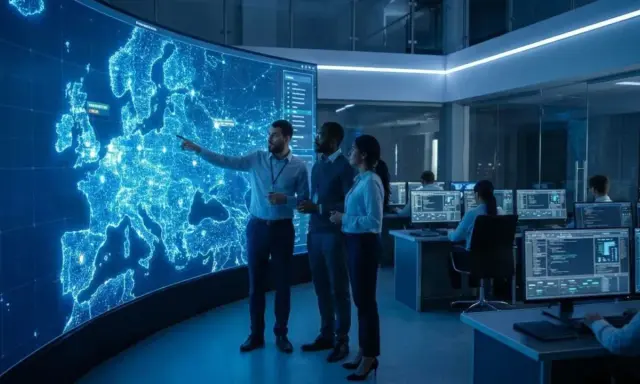Team analizza mappa Europa luminosa su schermo gigante. Usando il cloud computing sappiamo dove risiedono i dati, monitorando flussi globali.