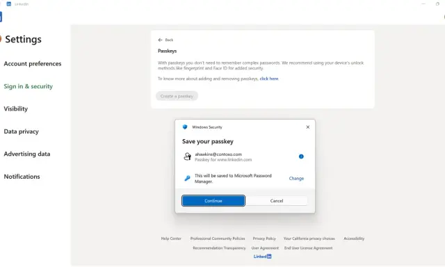 Configurazione di LinkedIn: creazione di un passkey Microsoft per un accesso più sicuro.