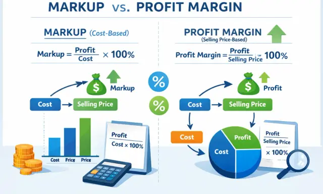 Diagramma che confronta Markup e Profit Margin, mostrando come calcolare il **utile netto su fatturato** e il markup basato sul costo.