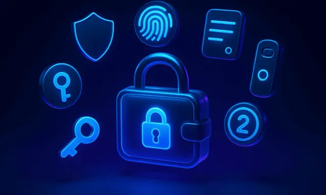 Icone di sicurezza digitale: lucchetto, chiave, impronta digitale, scudo, documento e numero 2. Attenzione ai criptovalute: rischi.