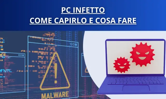 Un laptop viola mostra due icone rosse di virus, simbolo di un dispositivo informatico colpito da malware. Sullo sfondo, codice binario e un avviso di malware.