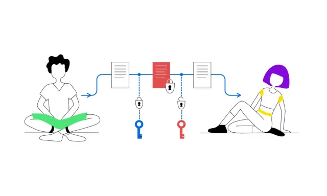 Un uomo e una donna scambiano dati sicuri tramite blockchain. Un keychain Android potrebbe gestire le chiavi.