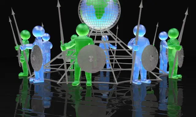 Un **firewall umano** protegge il globo. Figure stilizzate verdi e blu, armate di lance e scudi, circondano la Terra.