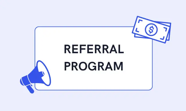 Un megafono annuncia un "Referral Program". Banconote con simbolo del dollaro suggeriscono guadagni. Scopri cos'è un codice referral per invitare amici e guadagnare!