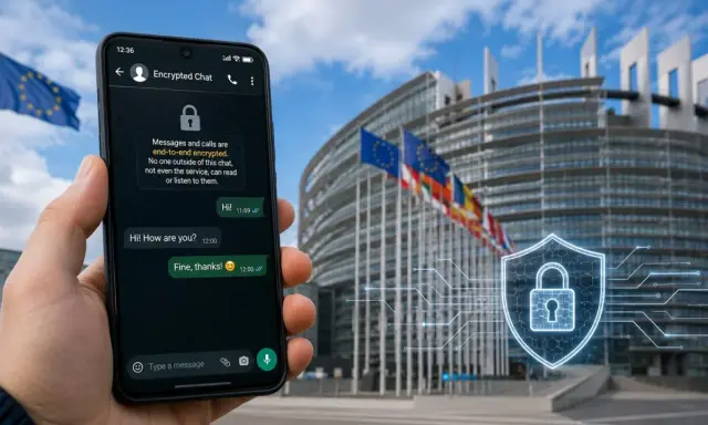 Smartphone con chat crittografata davanti al Parlamento Europeo. La sicurezza delle comunicazioni nell'UE è fondamentale.