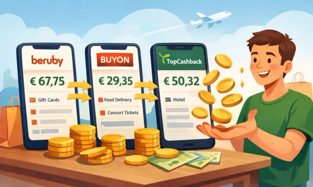 Un ragazzo felice riceve monete d'oro da app di cashback. Scopri cos'è il cashback e come funziona per risparmiare su gift cards, cibo e hotel.