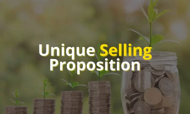 Piante che crescono da pile di monete, con un barattolo pieno di denaro a destra. Testo: "Unique Selling Proposition".