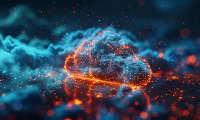 Nuvola digitale luminosa, simbolo di cloud computing e dei suoi rischi. Particelle arancioni e blu fluttuano in un'atmosfera eterea.