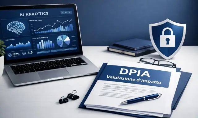 Scrivania con laptop che mostra analisi AI, documenti DPIA e uno scudo con lucchetto, simboli di privacy e valutazione d'impatto.