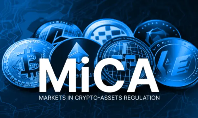 Monete di criptovalute come Bitcoin ed Ethereum circondano la scritta "MiCA", che sta per Markets in Crypto-Assets Regulation.