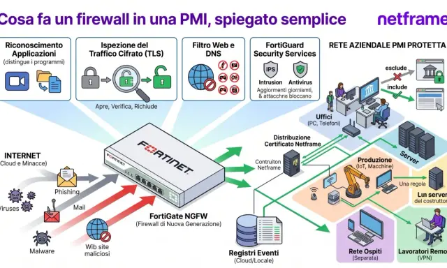 Un firewall protegge la rete aziendale da minacce come phishing e malware, analizzando il traffico e bloccando accessi non autorizzati.