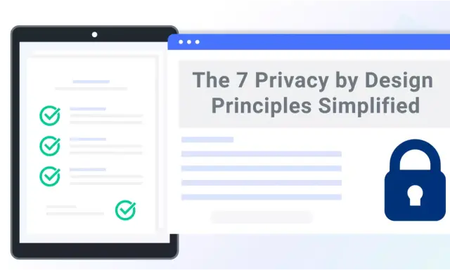 Schermata di un tablet con elenco spuntato e finestra web che illustra i principi di privacy by design, con un lucchetto.