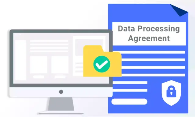 Accordo di elaborazione dati (DPA): un computer mostra un'icona di cartella con segno di spunta, accanto a un documento con lucchetto.