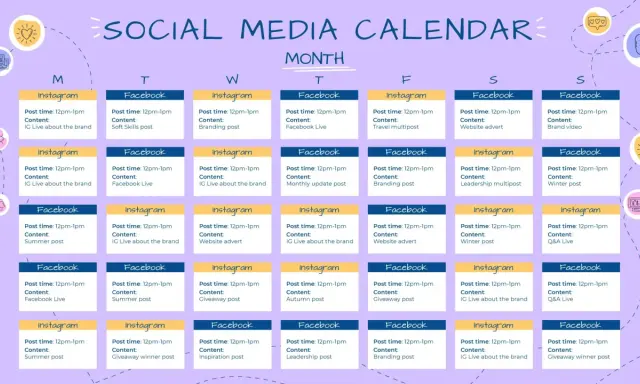 Calendario social con piano editoriale per ogni giorno e piattaforma (Facebook, Instagram).