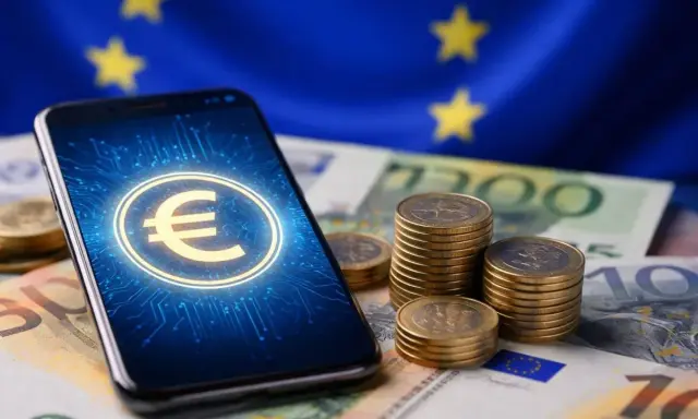 Smartphone con simbolo euro digitale, monete e banconote europee.
