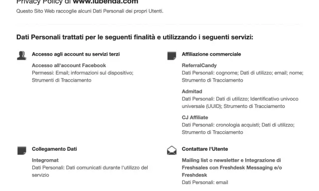 Informativa privacy: Dati personali trattati per accesso account terzi, affiliazione commerciale, collegamento dati e contatti utente.
